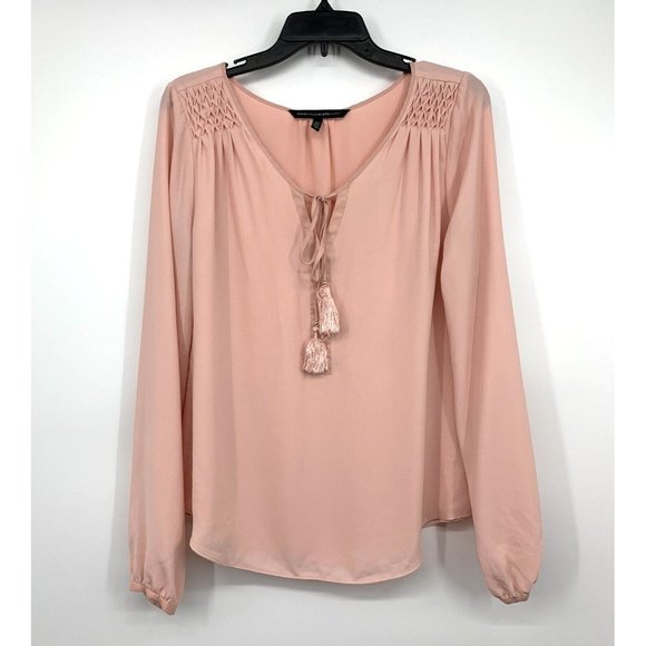 White House Black Market Tops - White House Black Market Top Pink Peasant Long Sleeve Tassel V Neck